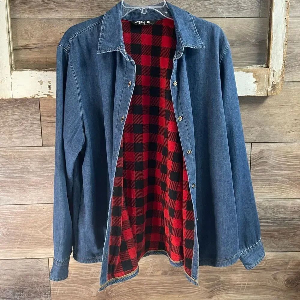 Riders by Lee Women’s Denim Jacket Size XL Fleece Red & Black Plaid Lined